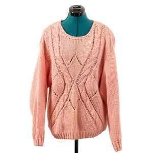 Vintage 90s Chunky Knit Sweater Crew Neck Long Sleeve Cable Pink Large